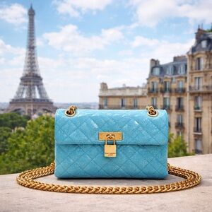 Kurt Geiger NEW Quilted Brixton Teal Luxury Crossbody with Gold Chain Strap